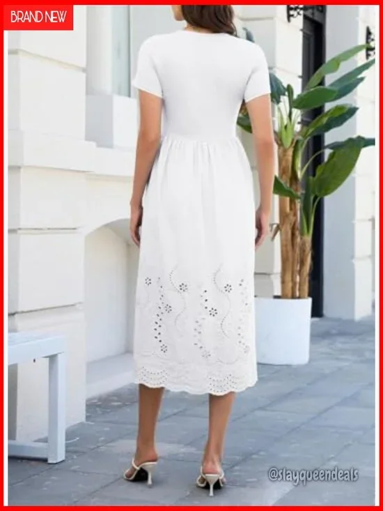 Casual Short Sleeve A Line Eyelet Cotton Maxi Dress with Pockets